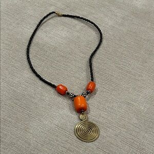 Elegant Black and Orange Beaded Necklace with Spiral Pendant - 18”